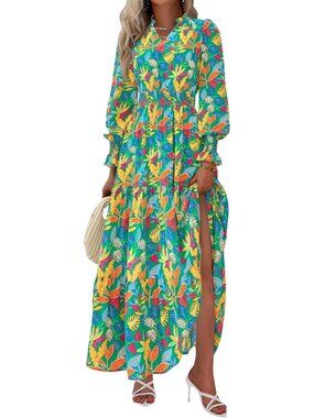 PrettyGarden Women's Floral Green Sleeve V Neck A Line Flowy Maxi Long Dress